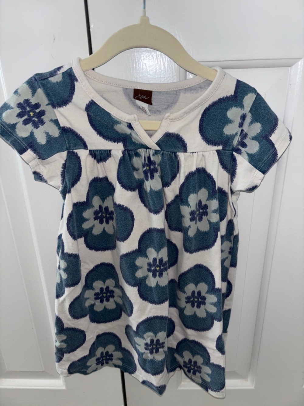 Tea Collection Floral Jersey Dress in Blue and Cream